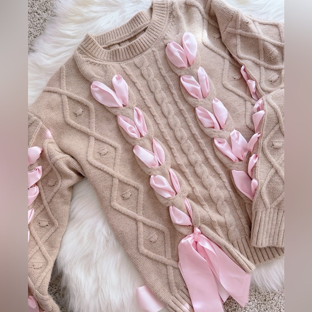 Beige Coquette Ribbon Sweater with Pink Bows - Picture 2 of 4
